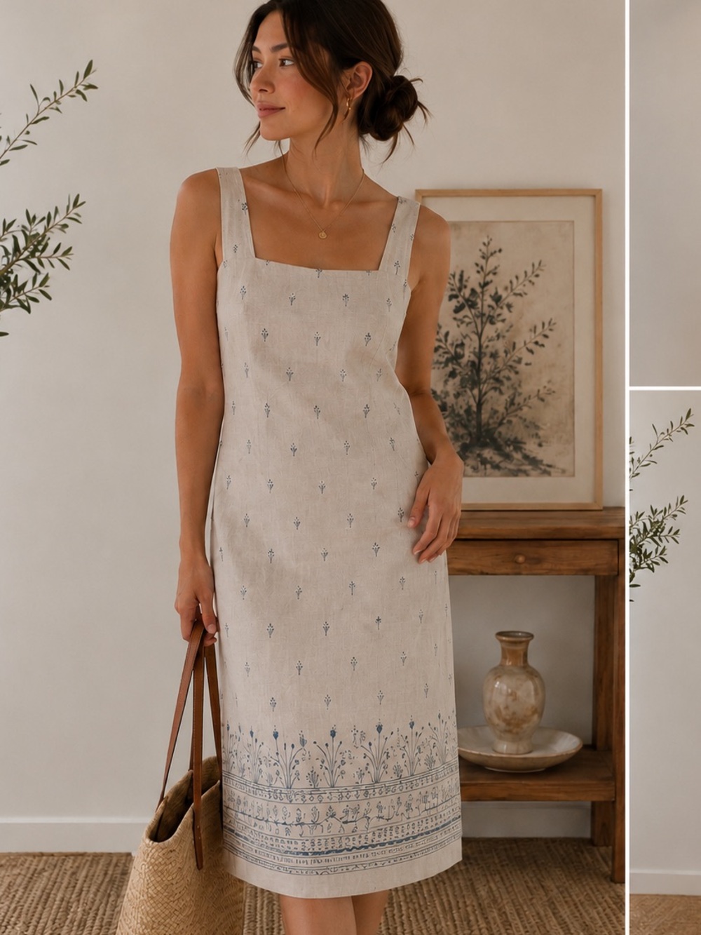 Coastal 100% Linen Floral Border Shift Dress Beige Blue Sleeveless sz 4 Luxury